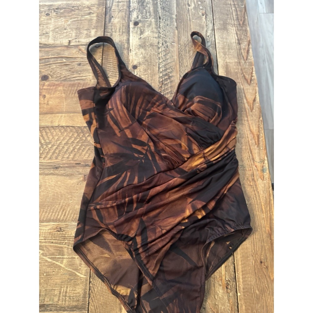 Miraclesuit One Piece Dark Brown Leaf Print Swimsuit size 14 Slimming